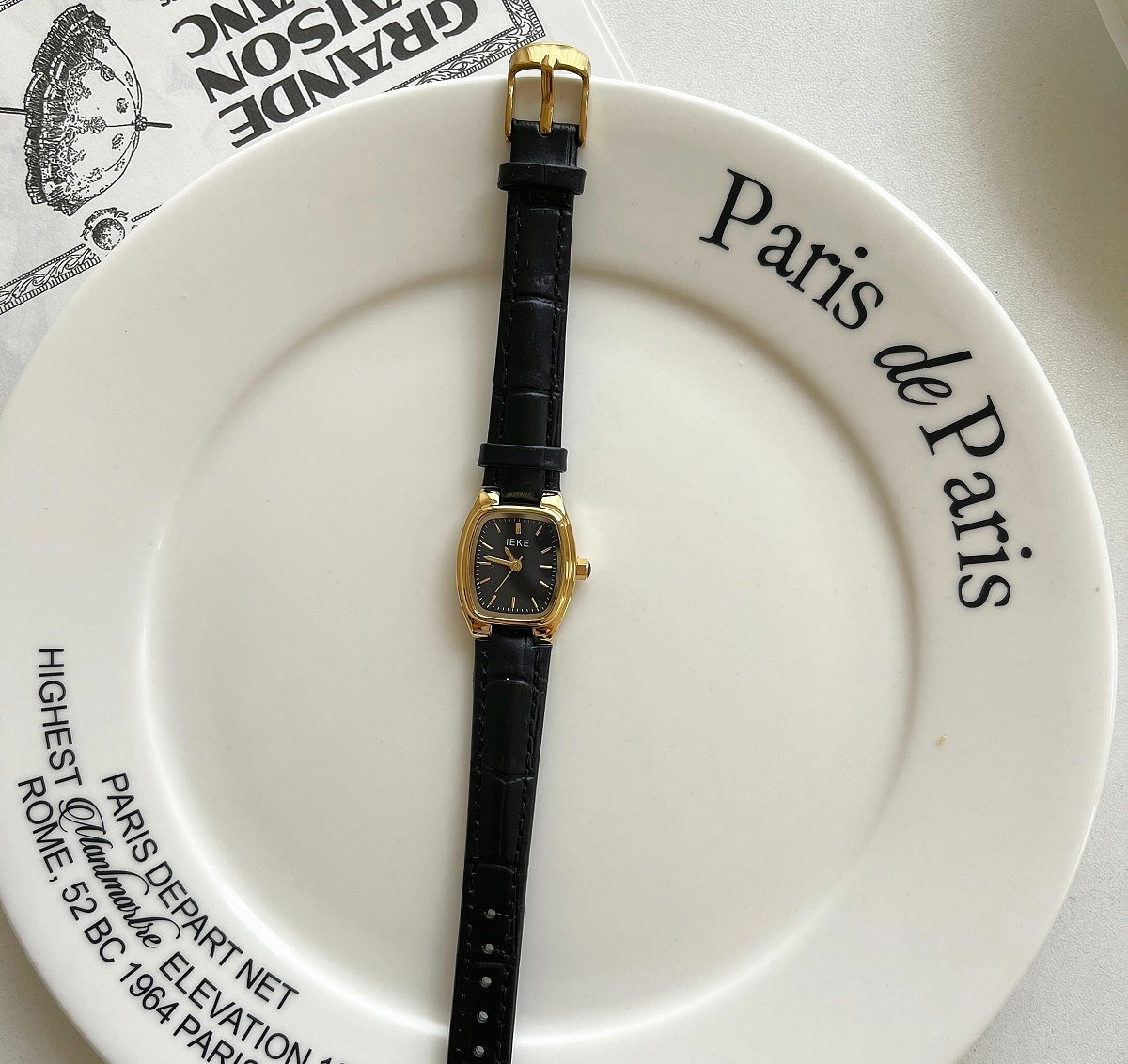 IEKE Black and Gold Petite Dial Watch with Leather Strap - Vintage Artistic Minimalist Watch for Women