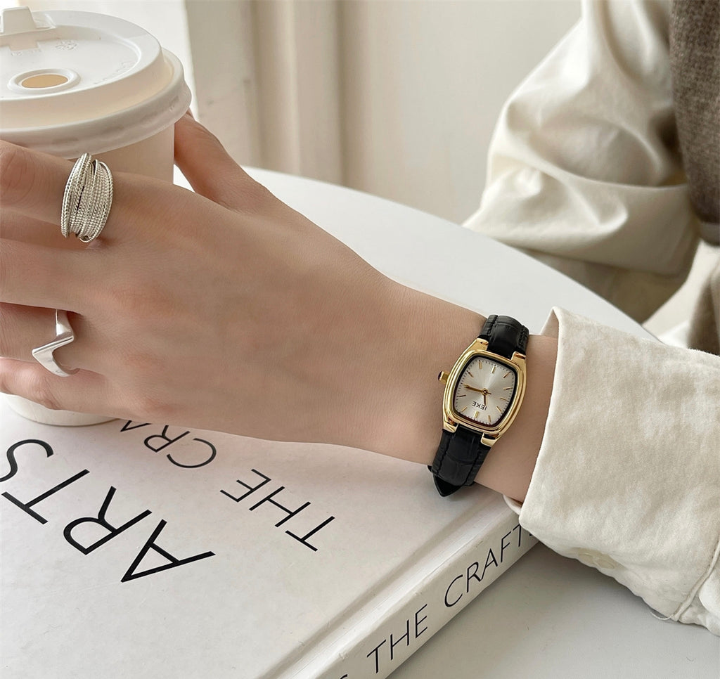 IEKE Black and Gold Petite Dial Watch with Leather Strap - Vintage Artistic Minimalist Watch for Women