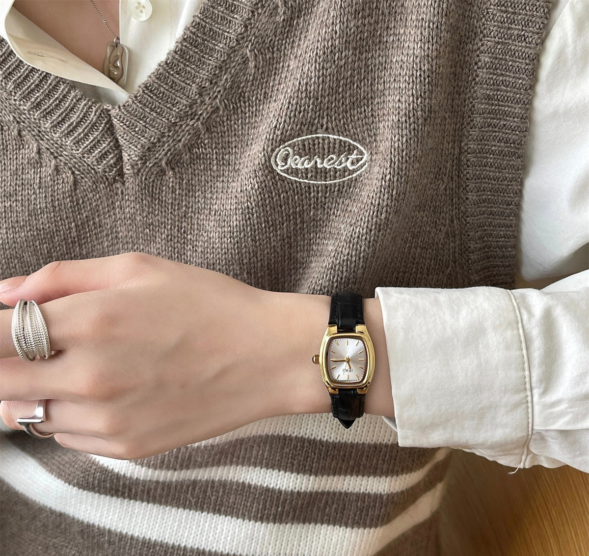 IEKE Black and Gold Petite Dial Watch with Leather Strap - Vintage Artistic Minimalist Watch for Women