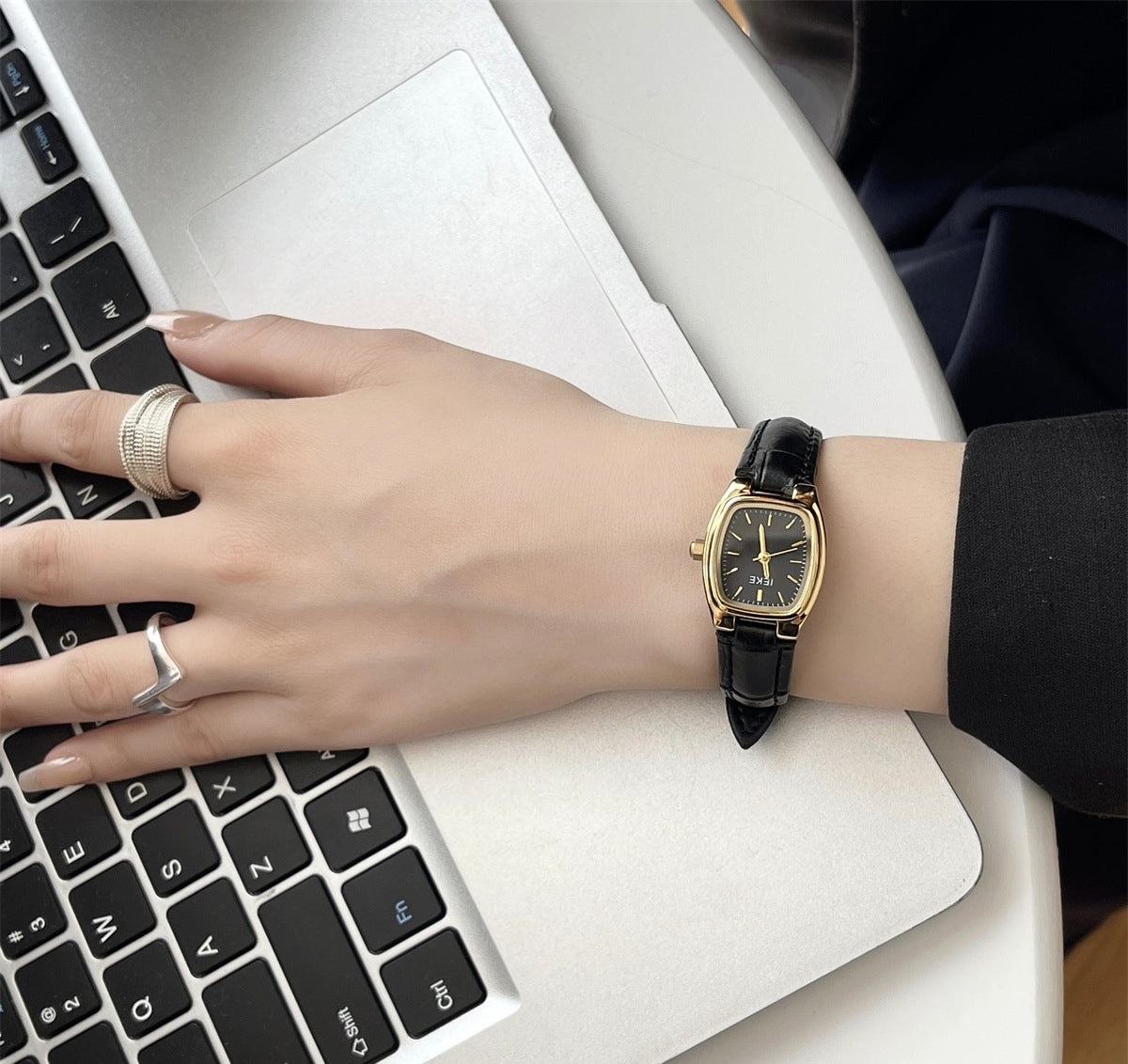 IEKE Black and Gold Petite Dial Watch with Leather Strap - Vintage Artistic Minimalist Watch for Women