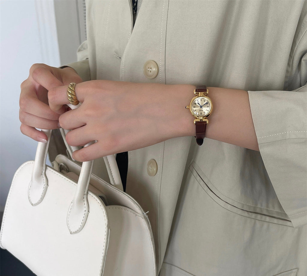 IEKE Osmanthus Mini Brown Dial Watch with Leather Strap - Vintage Artistic Petite Watch for Women