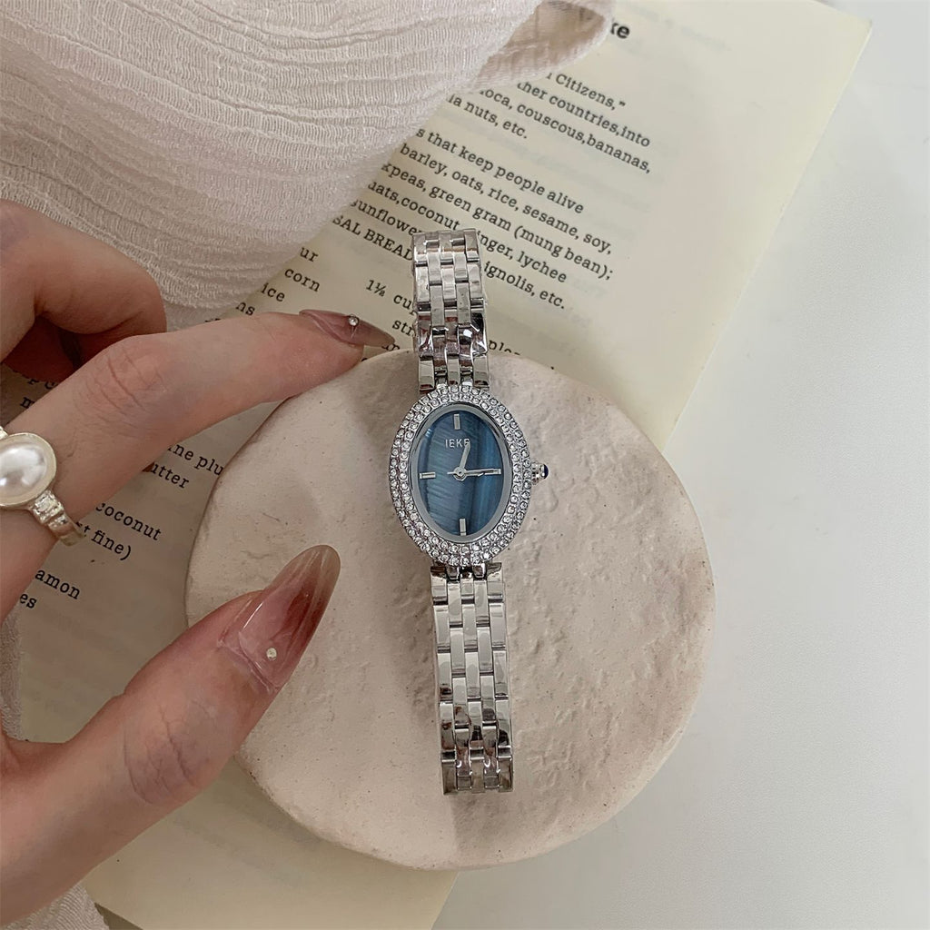 IEKE Full Pavé Crystal Pigeon Egg Oval Steel Watch - High Jewelry Cocktail Watch for Women