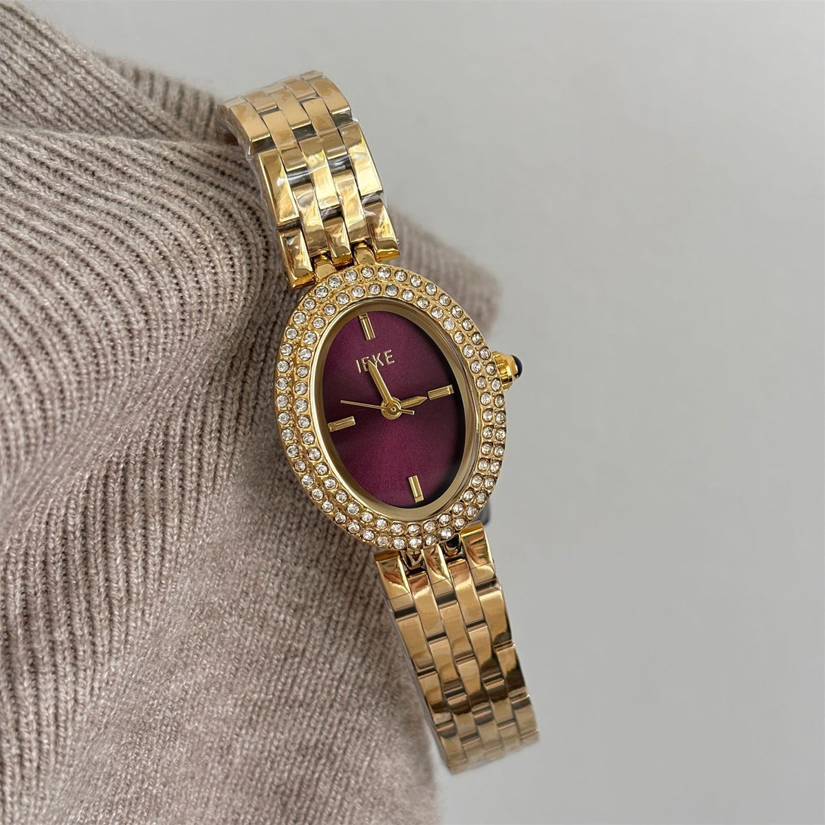 IEKE Full Pavé Crystal Pigeon Egg Oval Steel Watch - High Jewelry Cocktail Watch for Women