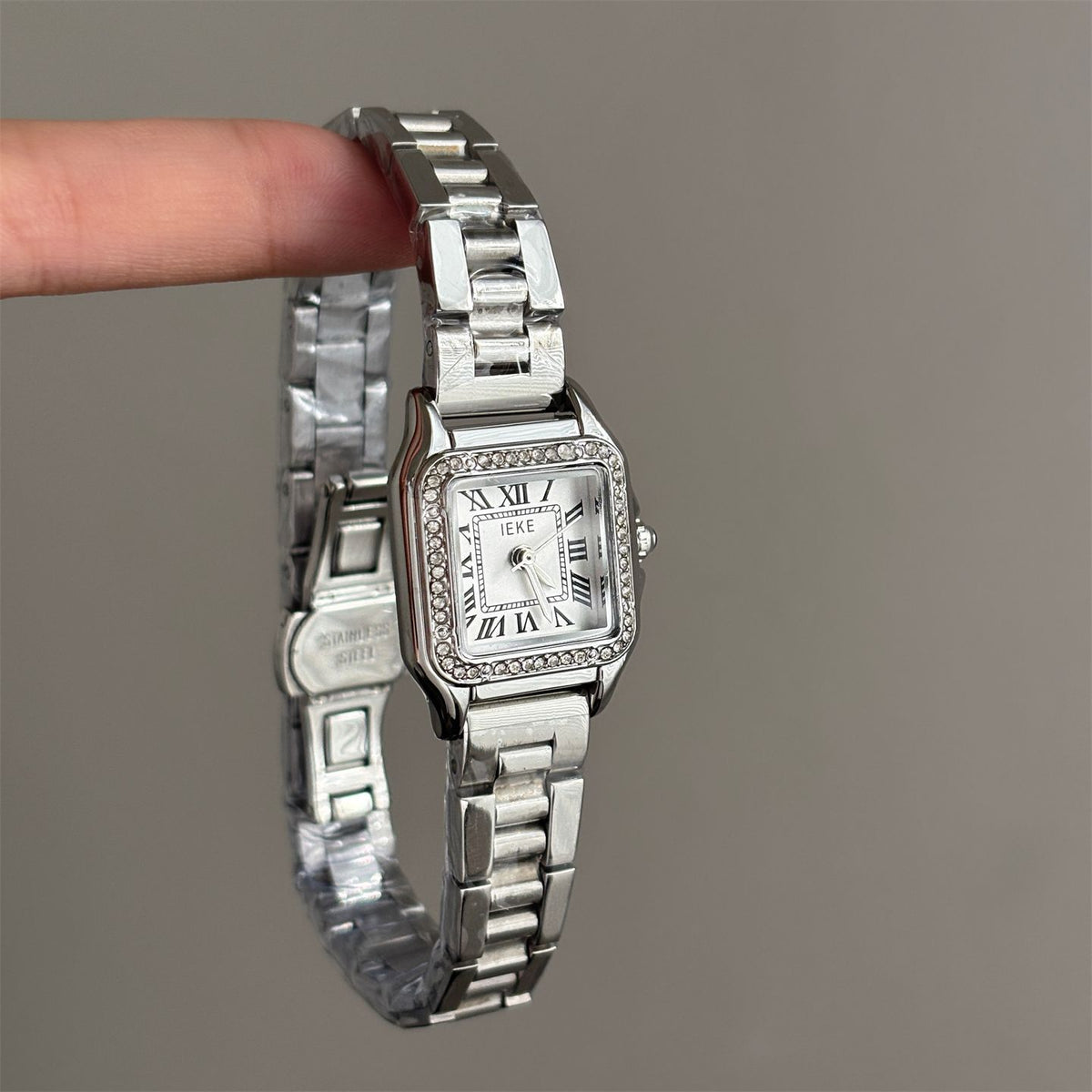 IEKE Business Square Roman Crystal Bezel Steel Bracelet Watch - Diamond Accent Tank Watch for Women
