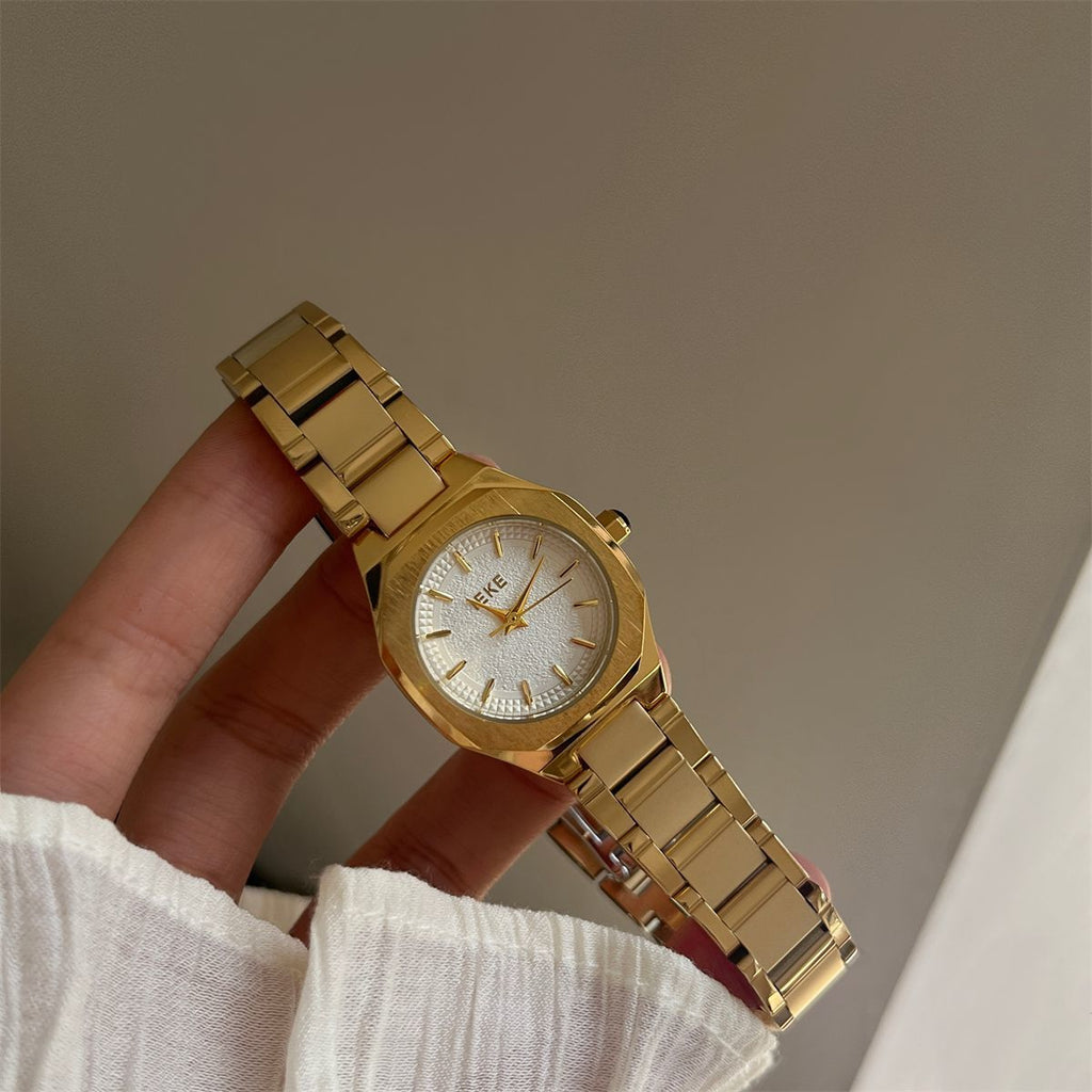 IEKE Oversized Gold Steel Baton Dial Watch - Contemporary Western Quartz Watch for Women