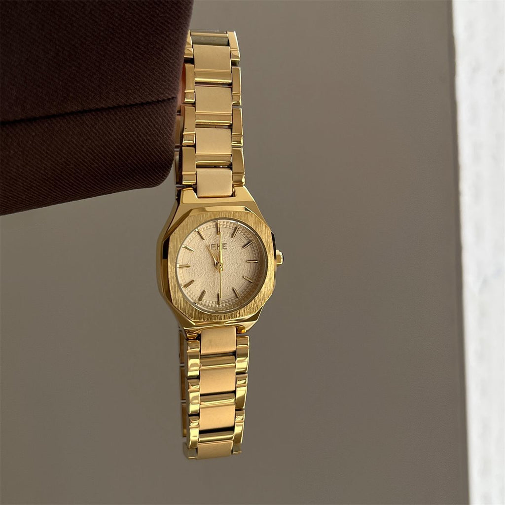 IEKE Oversized Gold Steel Baton Dial Watch - Contemporary Western Quartz Watch for Women