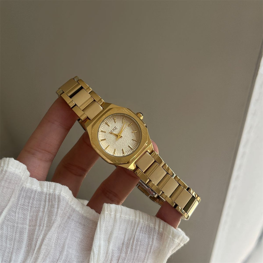 IEKE Oversized Gold Steel Baton Dial Watch - Contemporary Western Quartz Watch for Women