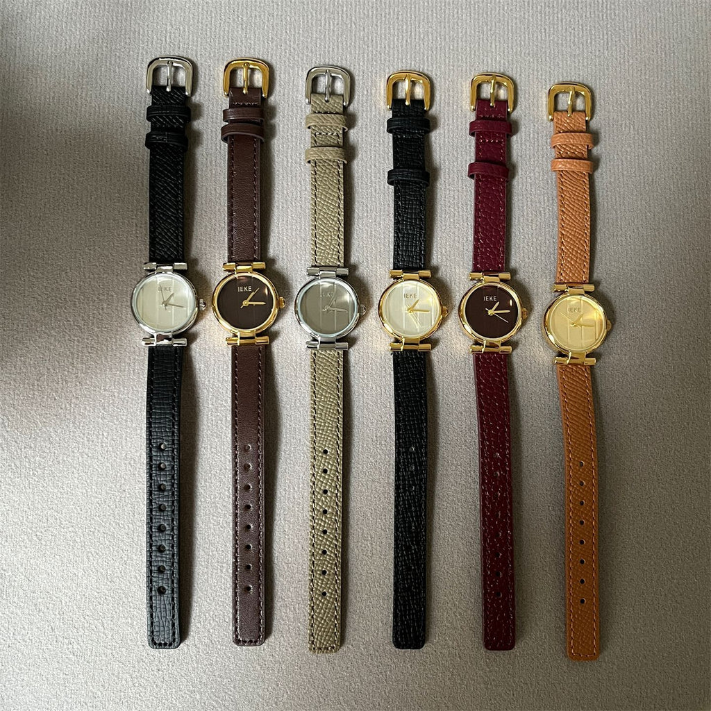 IEKE Vintage Grace Petite Round Slim Leather Watch - Dainty Dress Quartz Watch for Women