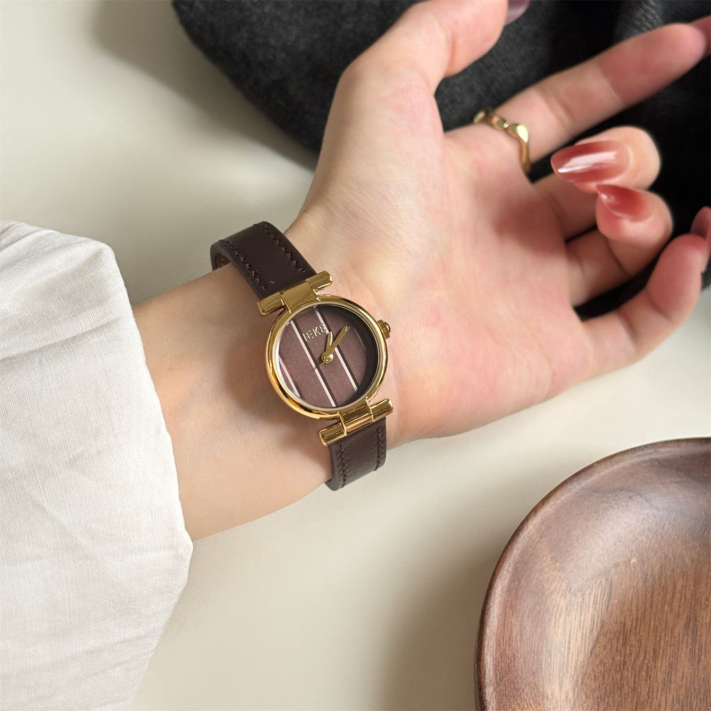 IEKE Vintage Grace Petite Round Slim Leather Watch - Dainty Dress Quartz Watch for Women