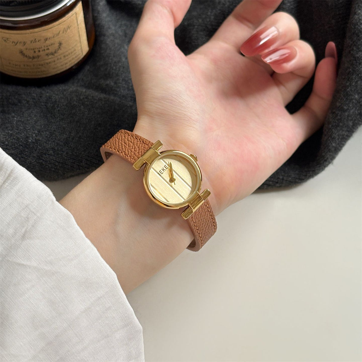 IEKE Vintage Grace Petite Round Slim Leather Watch - Dainty Dress Quartz Watch for Women