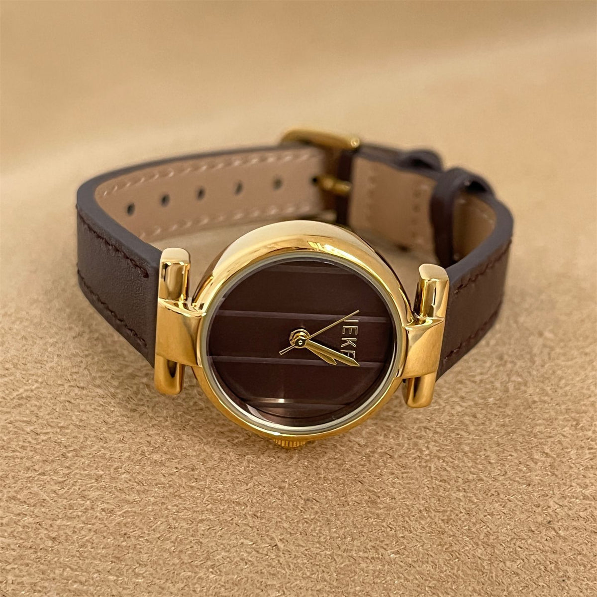 IEKE Vintage Grace Petite Round Slim Leather Watch - Dainty Dress Quartz Watch for Women