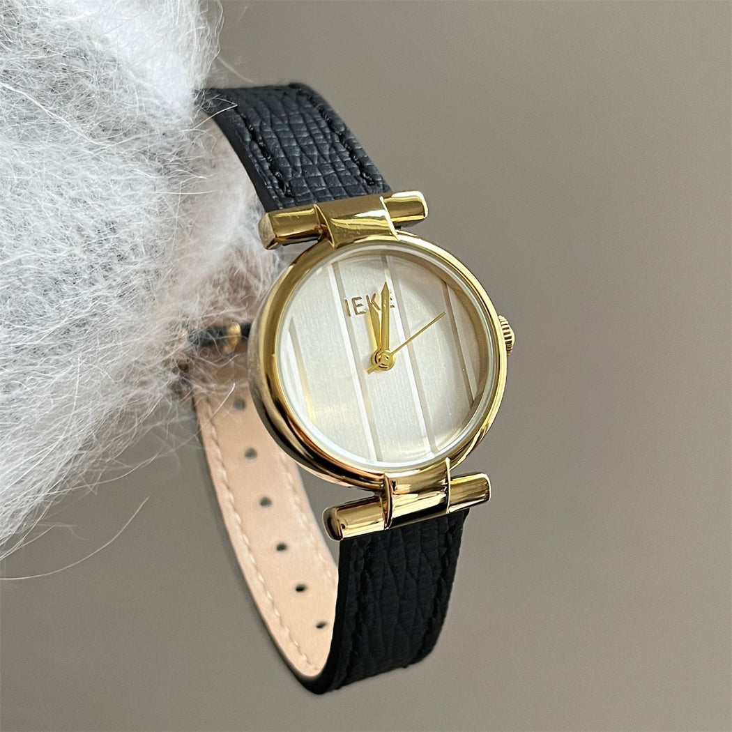 IEKE Vintage Grace Petite Round Slim Leather Watch - Dainty Dress Quartz Watch for Women
