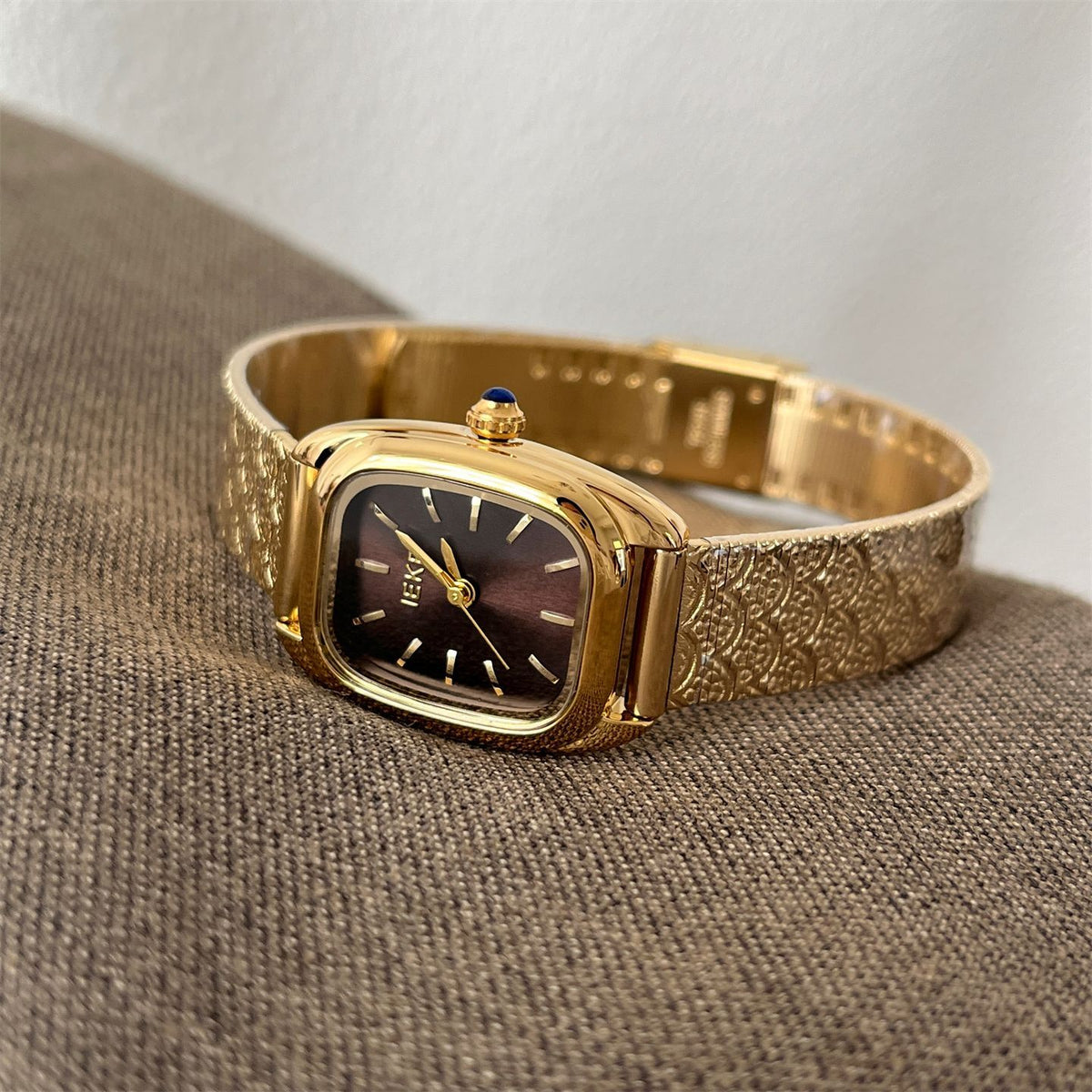 IEKE Archival Gold Square Tank Bracelet Watch - Vintage Estate Mini Gold Watch for Women