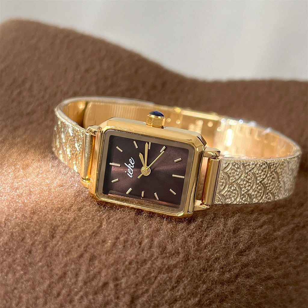 IEKE Archival Gold Square Tank Bracelet Watch - Vintage Estate Mini Gold Watch for Women