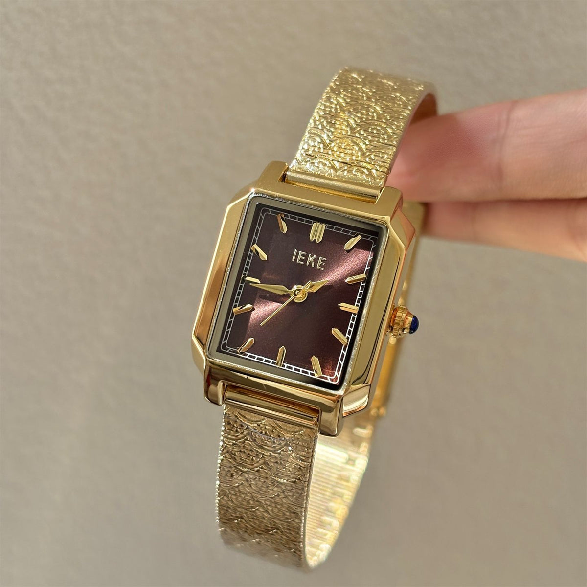 IEKE Archival Gold Square Tank Bracelet Watch - Vintage Estate Mini Gold Watch for Women