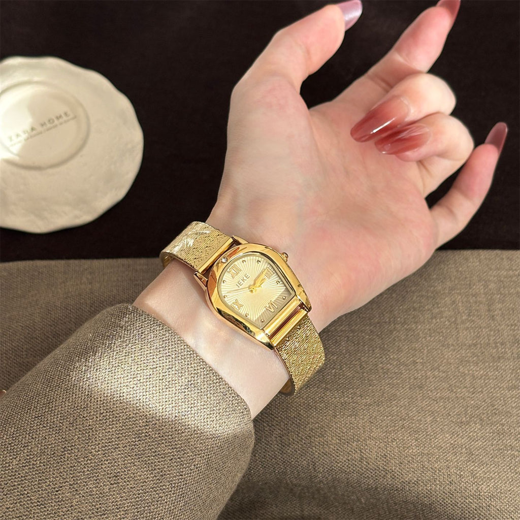 IEKE Archival Gold Square Tank Bracelet Watch - Vintage Estate Mini Gold Watch for Women