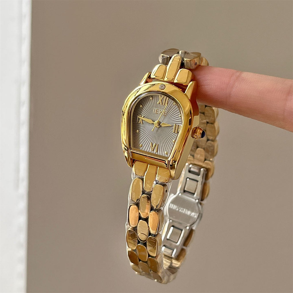 IEKE Architectural Archway Bezel Steel Bracelet Watch - Sculptural Vintage Quartz Watch for Women