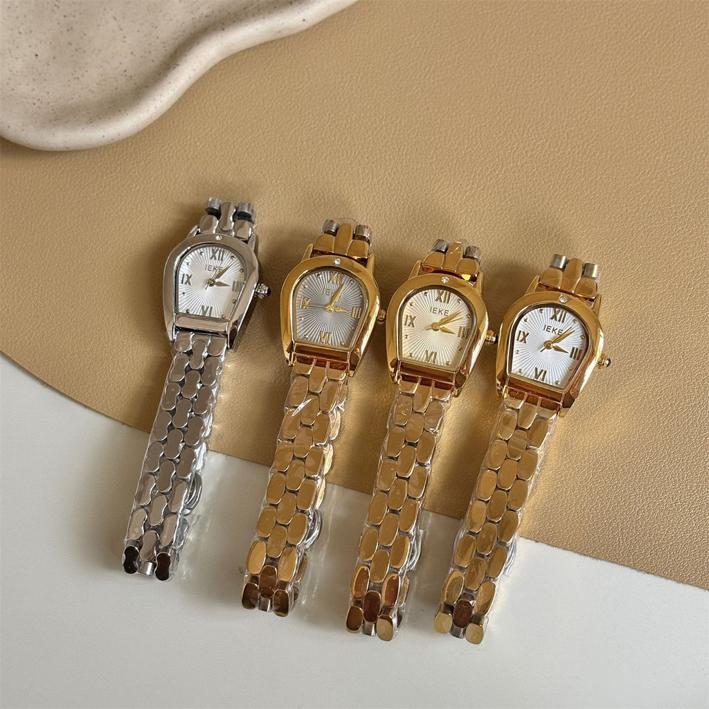 IEKE Architectural Archway Bezel Steel Bracelet Watch - Sculptural Vintage Quartz Watch for Women