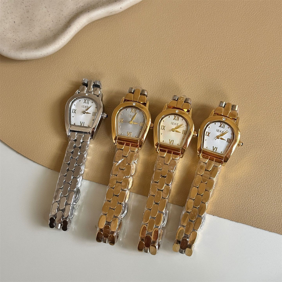 IEKE Architectural Archway Bezel Steel Bracelet Watch - Sculptural Vintage Quartz Watch for Women