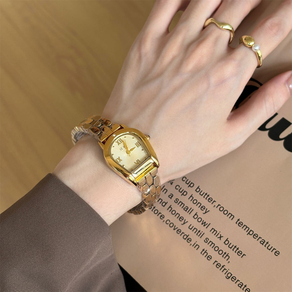 IEKE Architectural Archway Bezel Steel Bracelet Watch - Sculptural Vintage Quartz Watch for Women
