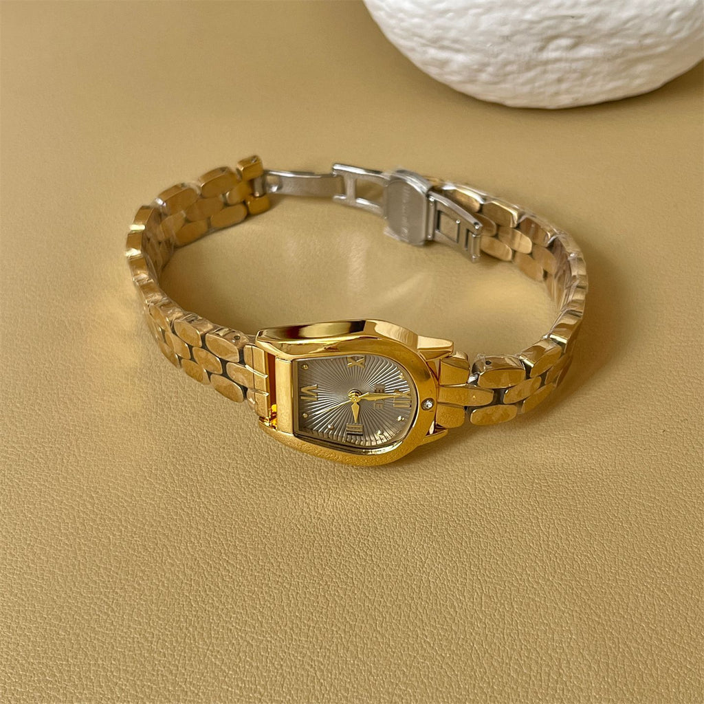 IEKE Architectural Archway Bezel Steel Bracelet Watch - Sculptural Vintage Quartz Watch for Women
