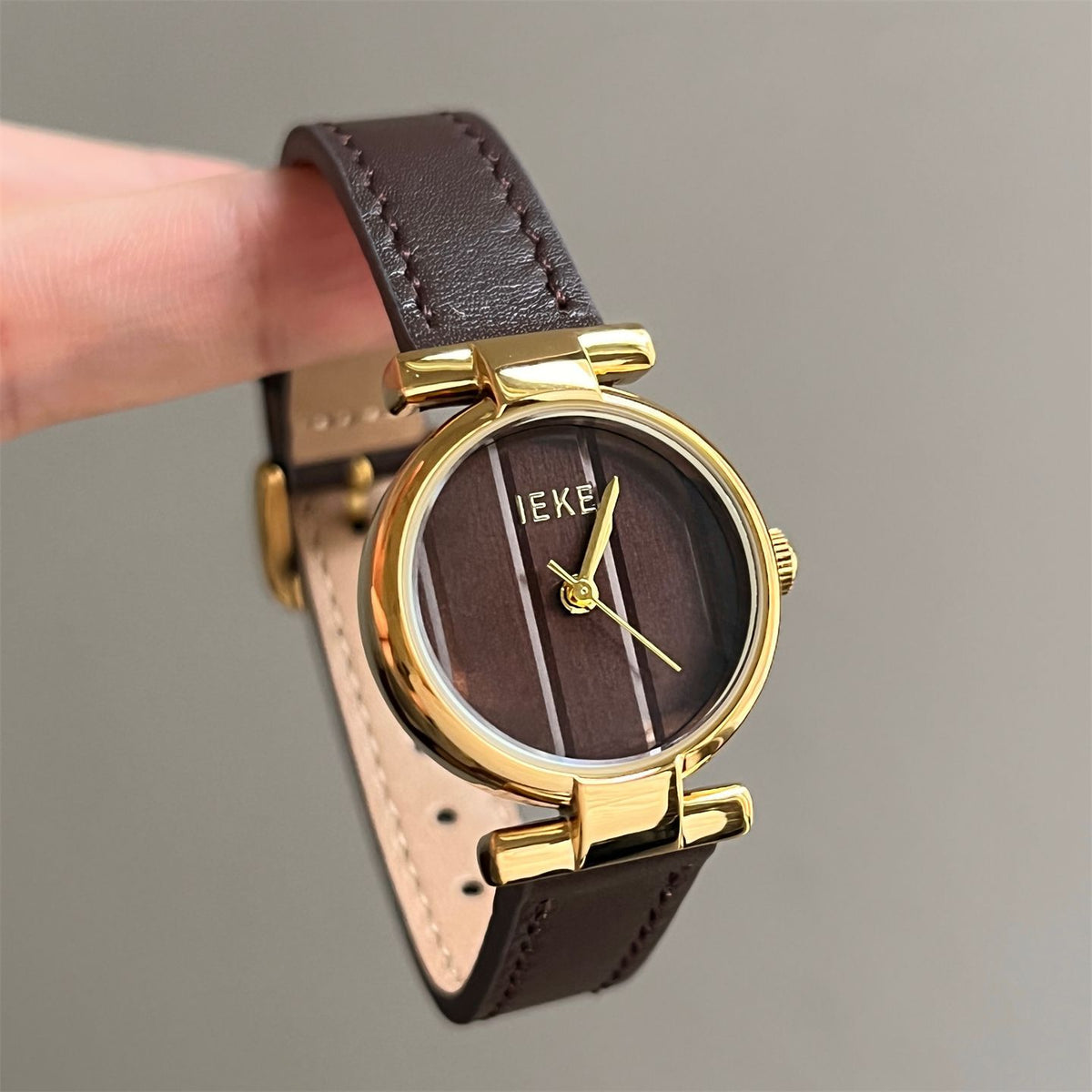 IEKE Vintage Grace Petite Round Slim Leather Watch - Dainty Dress Quartz Watch for Women