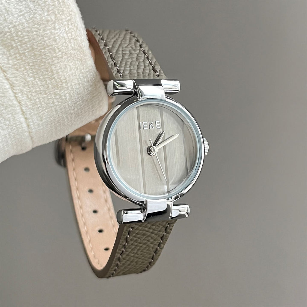 IEKE Vintage Grace Petite Round Slim Leather Watch - Dainty Dress Quartz Watch for Women
