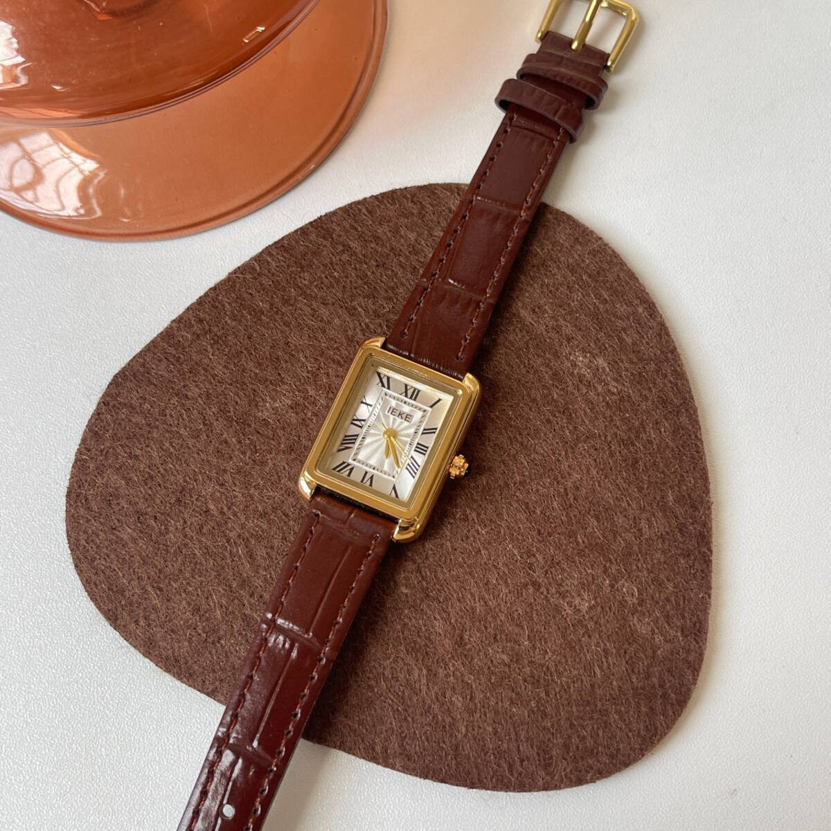 IEKE French Vintage Roman Numeral Square Dial Watch with Slim Leather Strap - Petite Tank Watch for Women