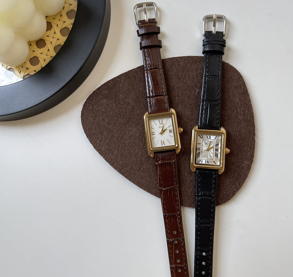 IEKE French Vintage Roman Numeral Square Dial Watch with Slim Leather Strap - Petite Tank Watch for Women