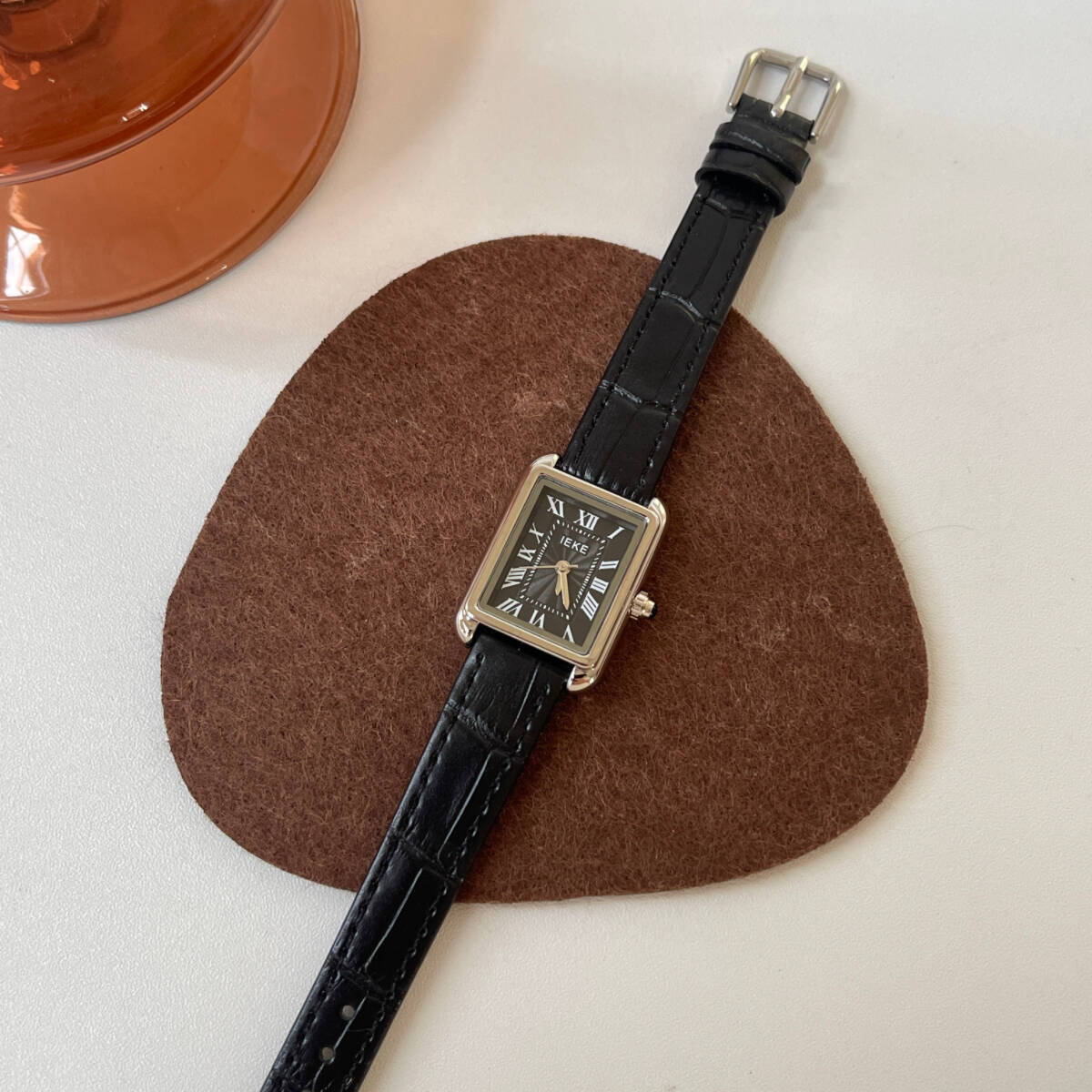 IEKE French Vintage Roman Numeral Square Dial Watch with Slim Leather Strap - Petite Tank Watch for Women