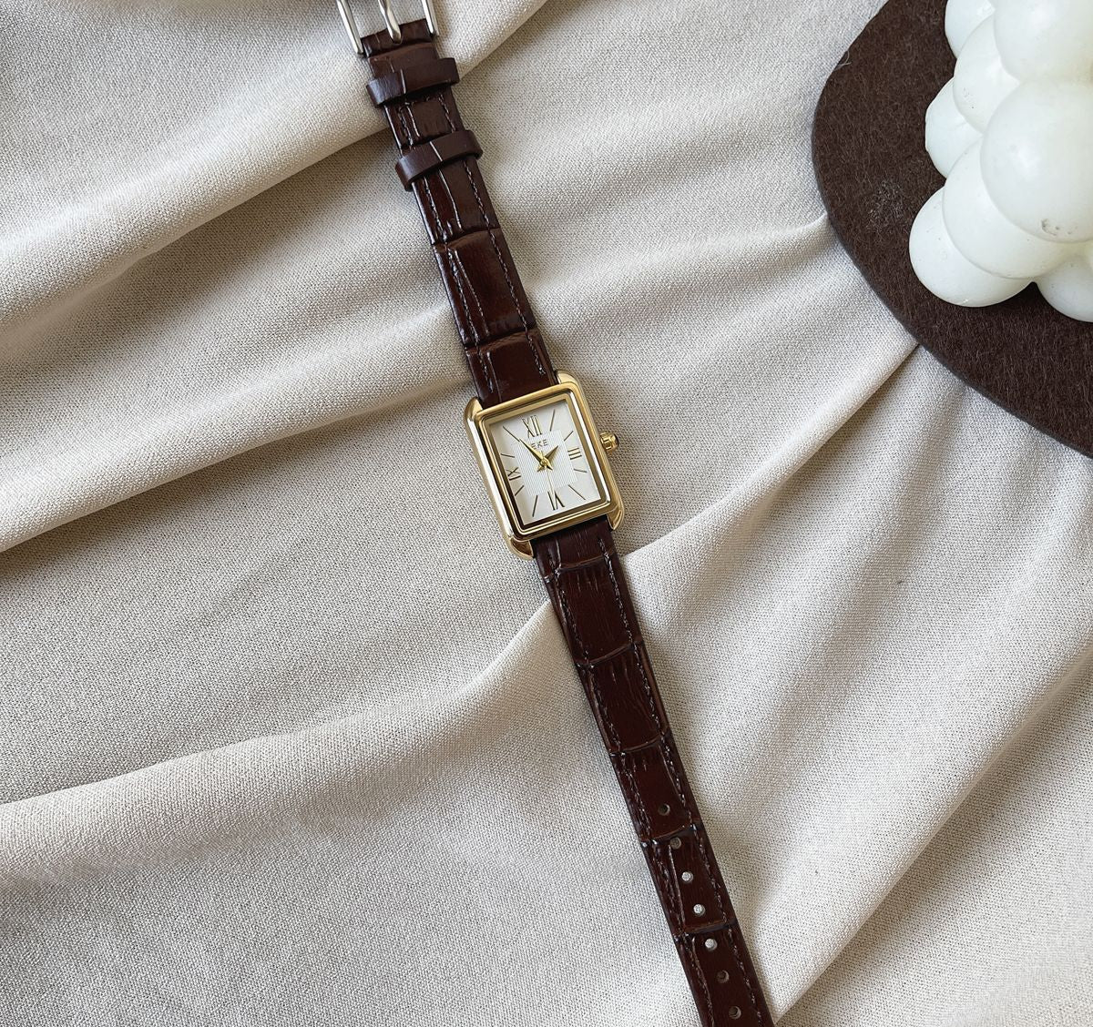 IEKE French Vintage Roman Numeral Square Dial Watch with Slim Leather Strap - Petite Tank Watch for Women