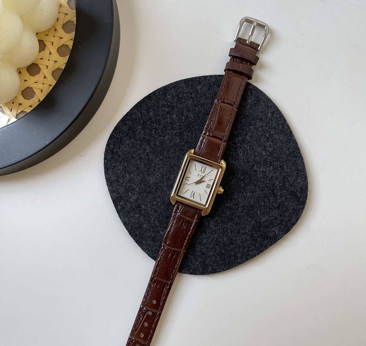 IEKE French Vintage Roman Numeral Square Dial Watch with Slim Leather Strap - Petite Tank Watch for Women