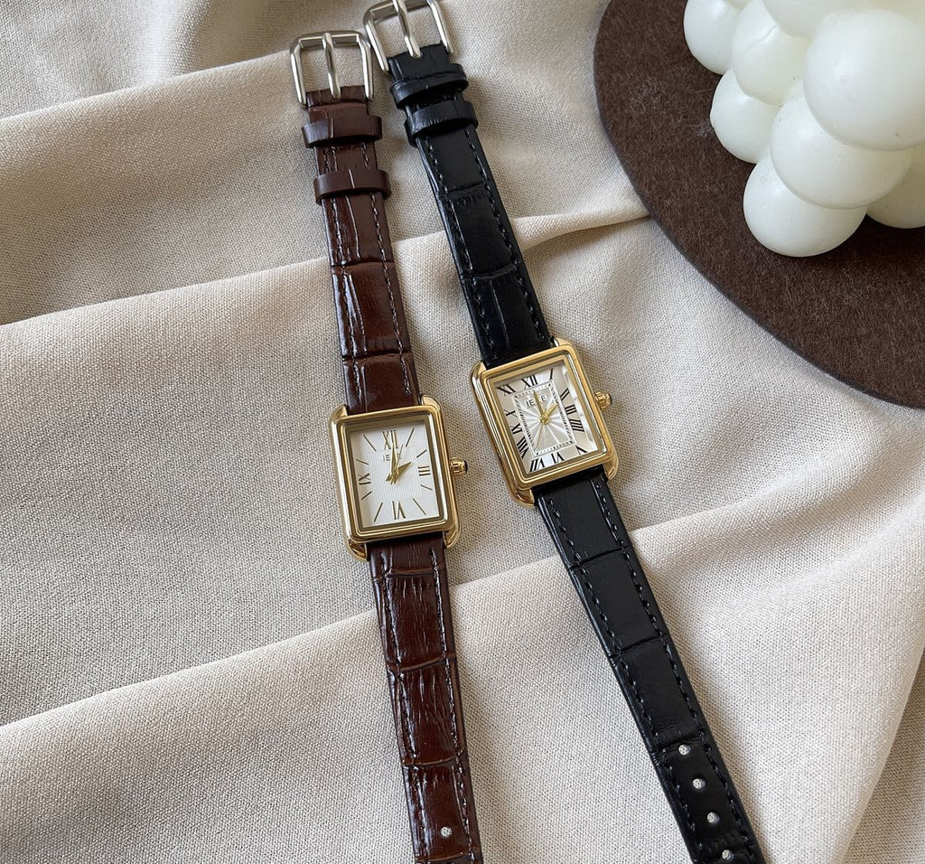 IEKE French Vintage Roman Numeral Square Dial Watch with Slim Leather Strap - Petite Tank Watch for Women