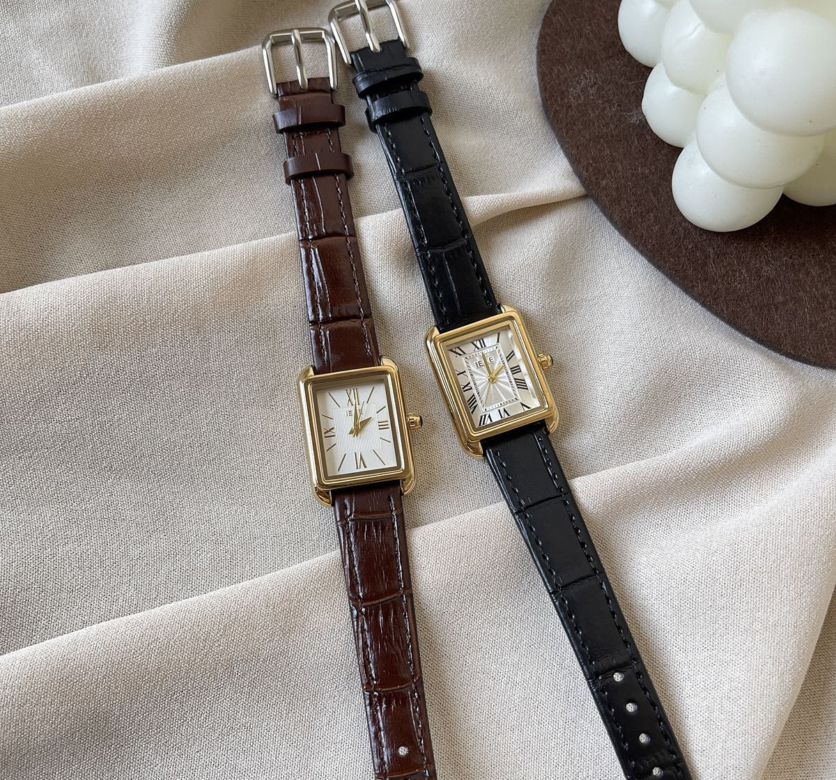 IEKE French Vintage Roman Numeral Square Dial Watch with Slim Leather Strap - Petite Tank Watch for Women