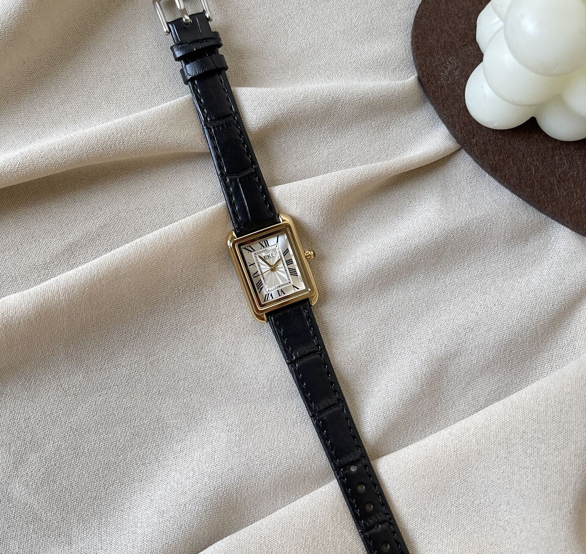 IEKE French Vintage Roman Numeral Square Dial Watch with Slim Leather Strap - Petite Tank Watch for Women