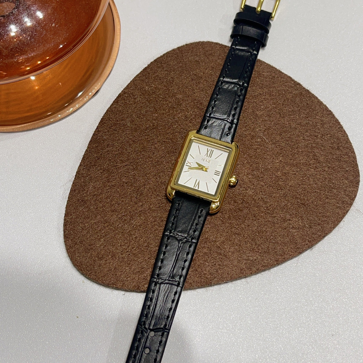 IEKE French Vintage Roman Numeral Square Dial Watch with Slim Leather Strap - Petite Tank Watch for Women