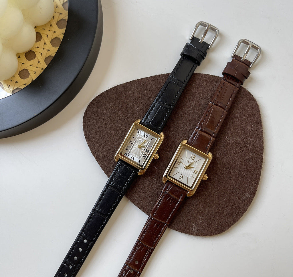 IEKE French Vintage Roman Numeral Square Dial Watch with Slim Leather Strap - Petite Tank Watch for Women