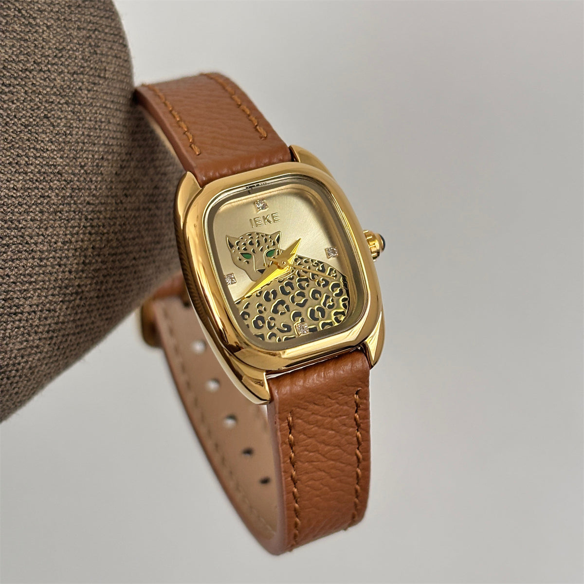 IEKE Vintage Leopard Print Leather Strap Watch with Gold Case - Retro Quartz Dress Watch for Women