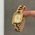 IEKE Vintage Leopard Print Leather Strap Watch with Gold Case - Retro Quartz Dress Watch for Women