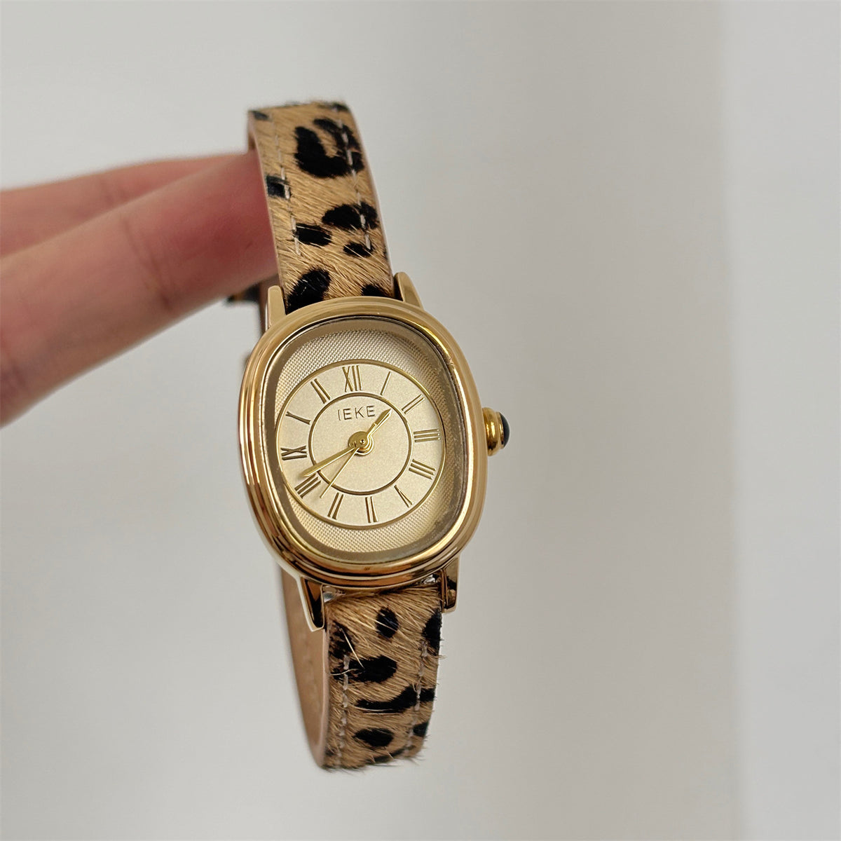 IEKE Vintage Leopard Print Leather Strap Watch with Gold Case - Retro Quartz Dress Watch for Women