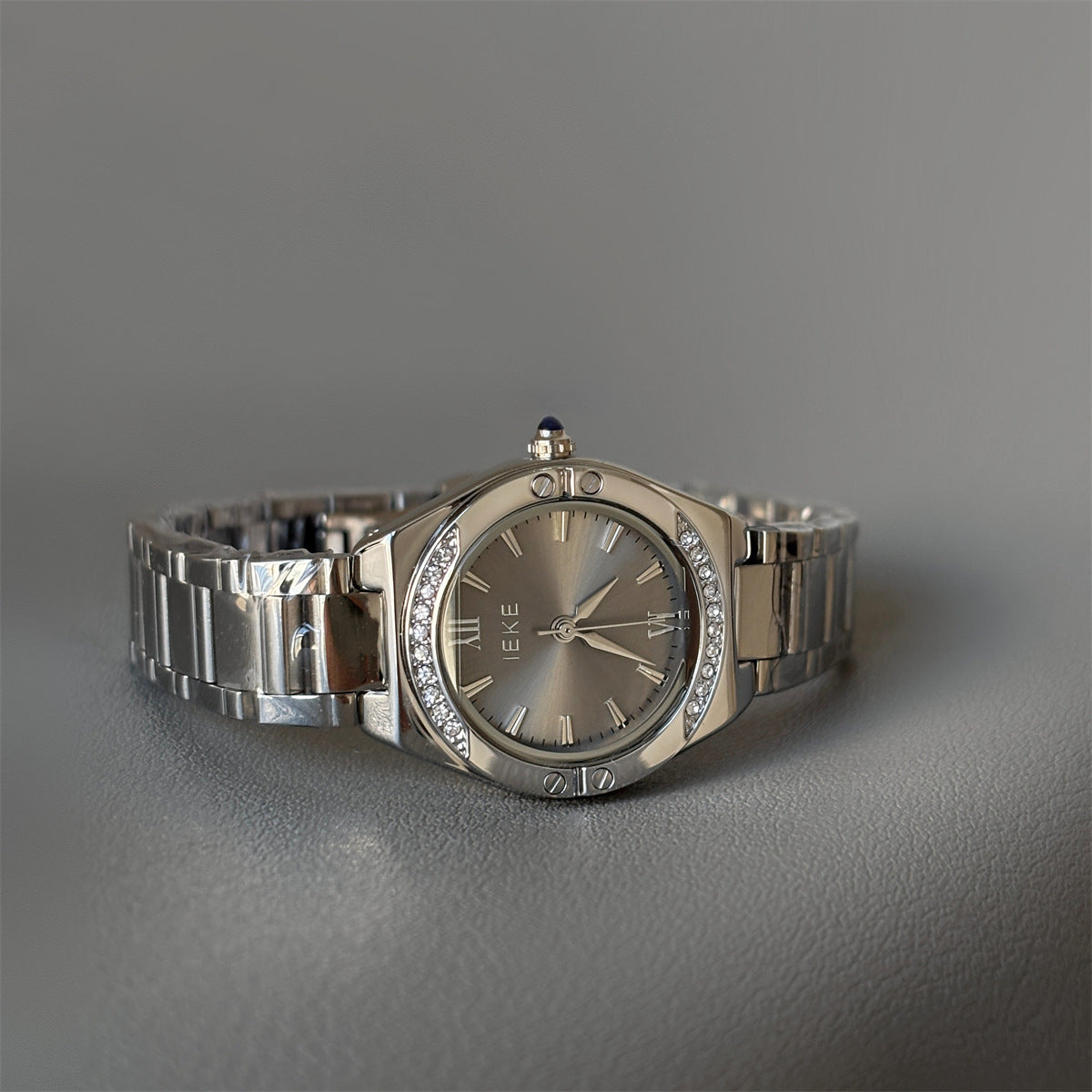 IEKE Crystal Accented Round Dial Stainless Steel Bracelet Watch - Elegant Quartz Wristwatch for Women